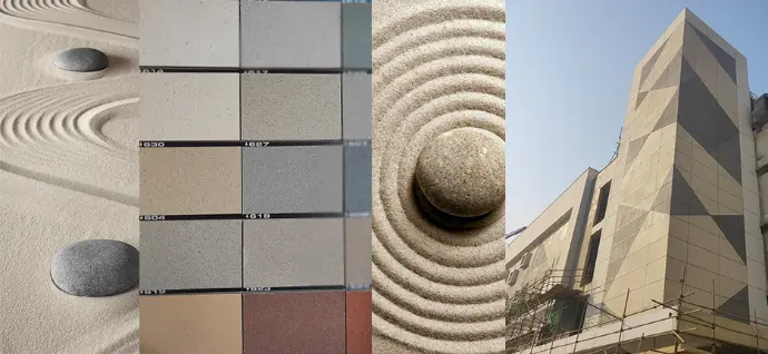 CemTrox made with stones Describing that stones are converted into powders, and these powders are used to manufacture CemTrox fairface coating. It also shows a EBM biscuit factory where CemTrox is applied.