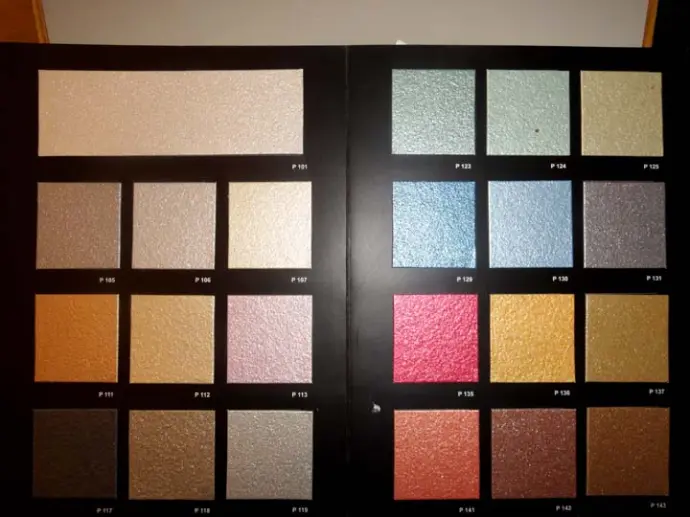 Pearlcoat metallic color card, showing lustrous neutral to vibrant color spectrum. 